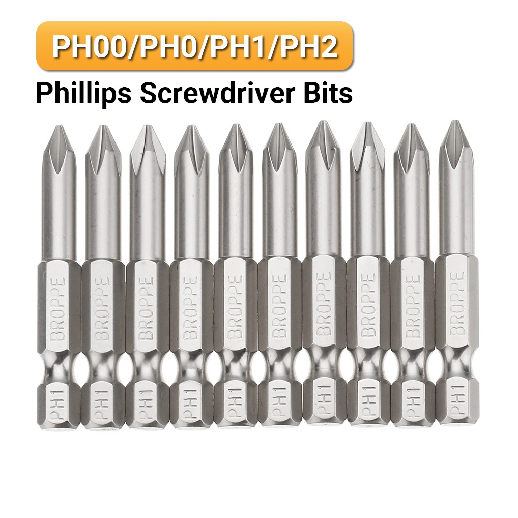 10Pcs Phillips PH00/PH0/PH1/PH2 Screwdriver Bit 50mm Length, S2 Steel 1/4" Hex Shank