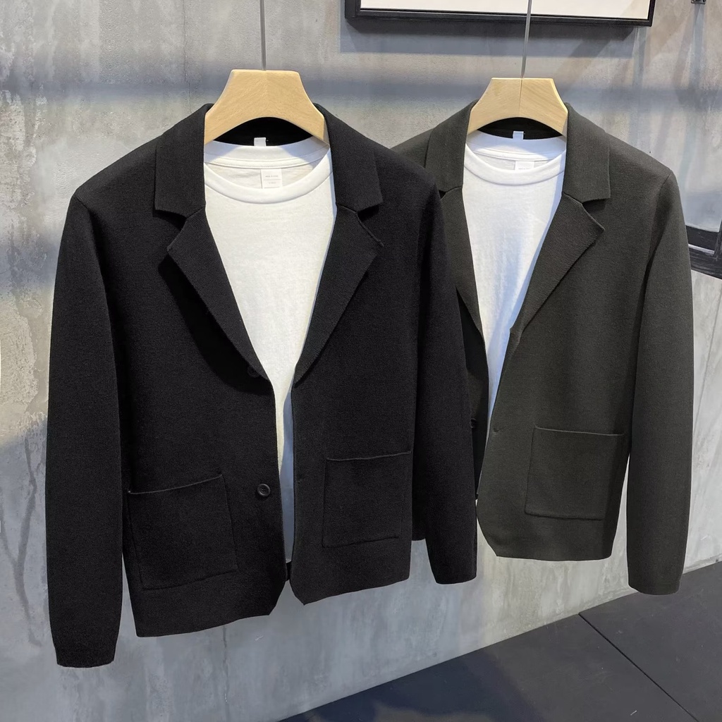 New Lapel Knit Cardigan Men's Jacket Suit Collar Sweater Solid Color