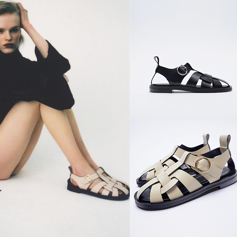 [Ready Stock] Instep strap flat sandals hollow out comfortable versatile casual shoes Shopee