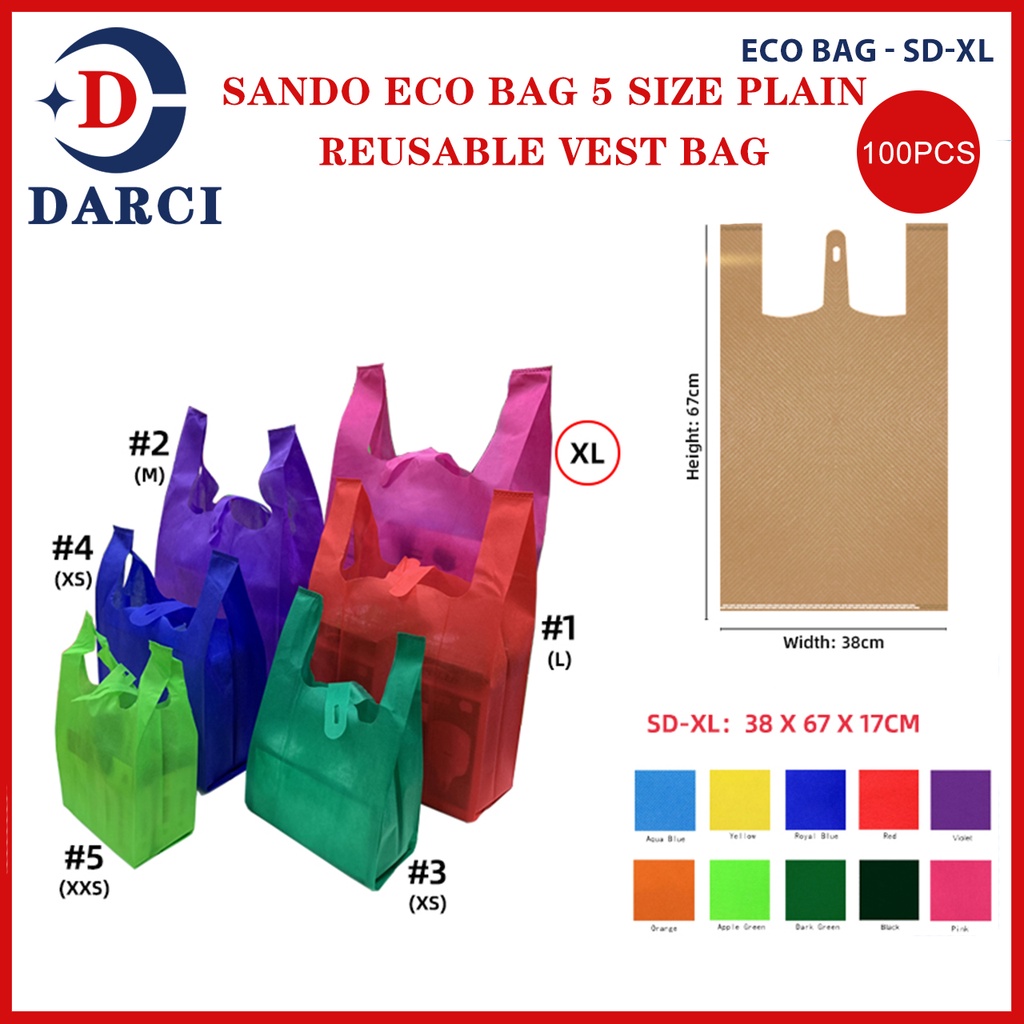 100PCS Eco Bag Sando Eco Bag Plain Reusable Vest Tote Bag Take Out
