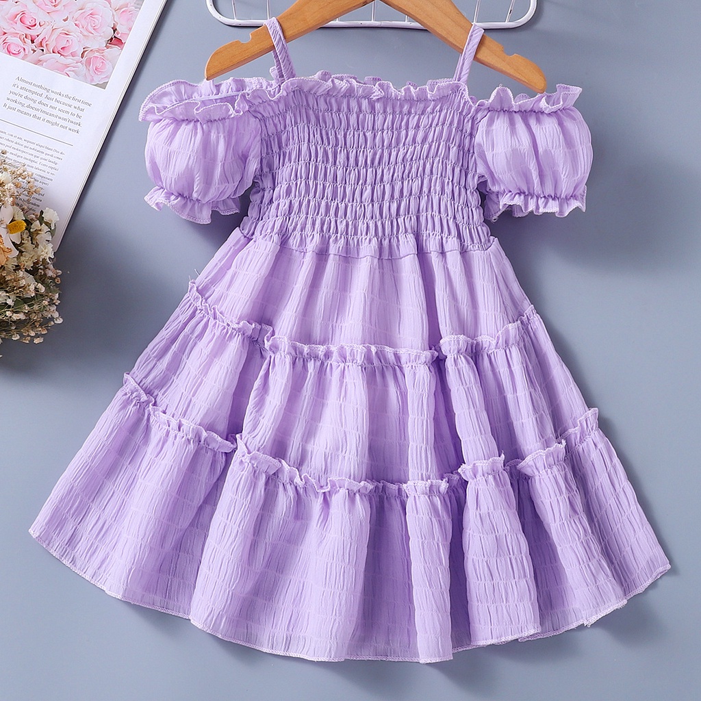High Quality OOTD dress For Baby Girl Purple Dress For Kids Girl Cute Offshoulder Dress Ruffle