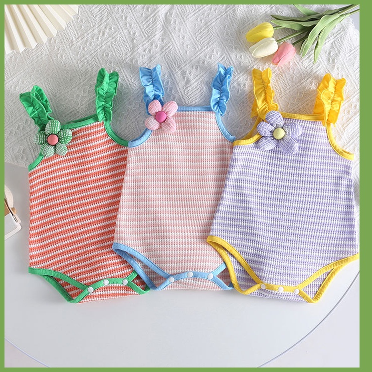 Cotton Onesies for Baby Girl Sleeveless Sling Dress Striped Flower