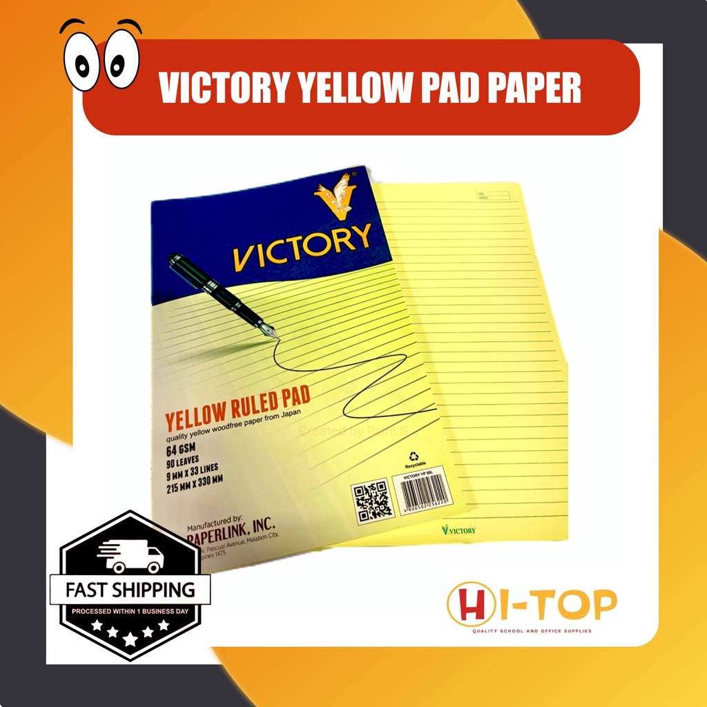 Victory Yellow Pad Paper sold per REAM 10 pads Long Writing Pad l 90 Leaves l 64GSM l Book Paper