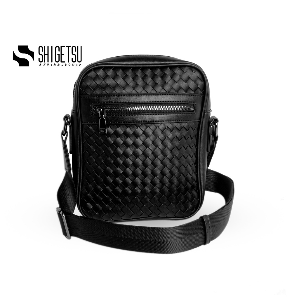 ☎ Shigetsu TAMURA Leather Sling Bag for men black woven crossbody bag