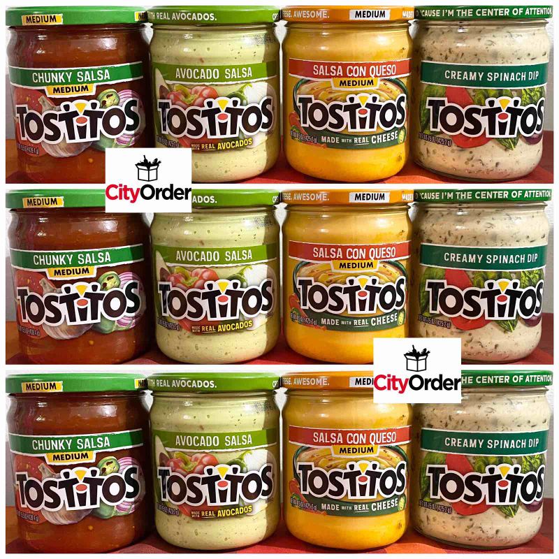 TOSTITOS AVOCADO SALSA, CREAMY SPINACH, SALSA CON QUESO & CHUNKY SALSA
