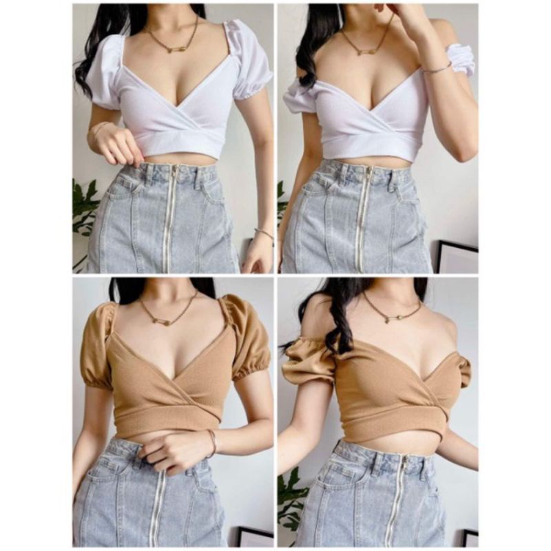 Caratop Puff Cross Wrap Overlap Crop Top Shopee Philippines