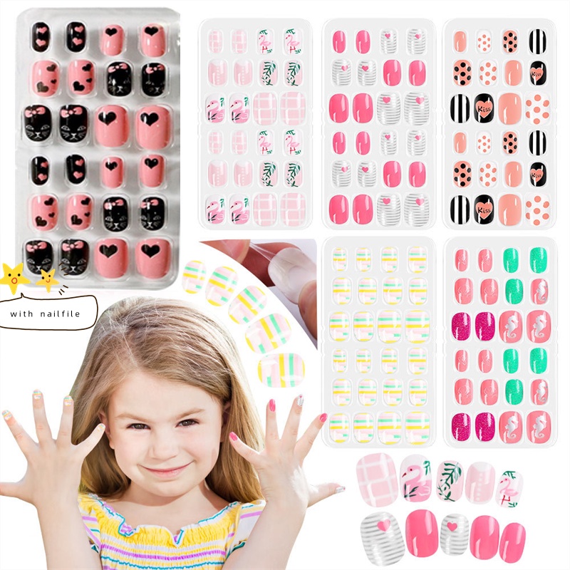 【Fake Nails For Kids】24pcs Wholesale Fake Nails Set With Glue 24pcs Cartoon Love Fake Nails With