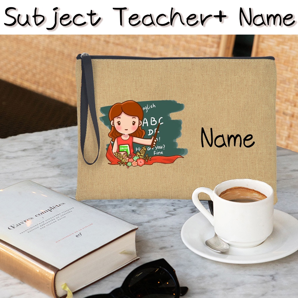 Subject Teacher Add Name Custom Linen Clutch Stationery Storage Bag Travel Toiletry Bag Teachers