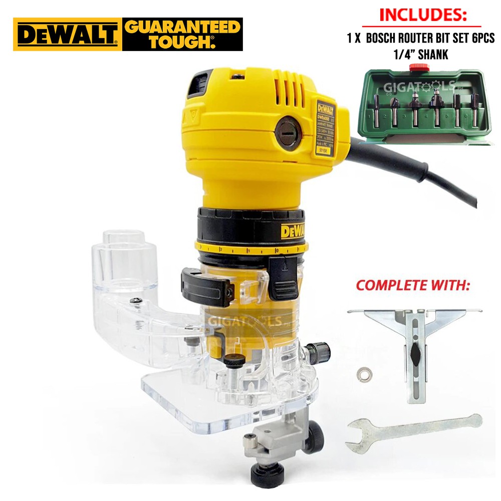 DeWalt DWE6000 Laminate Trimmer / Palm Router 1/4 (300W) with 6pcs