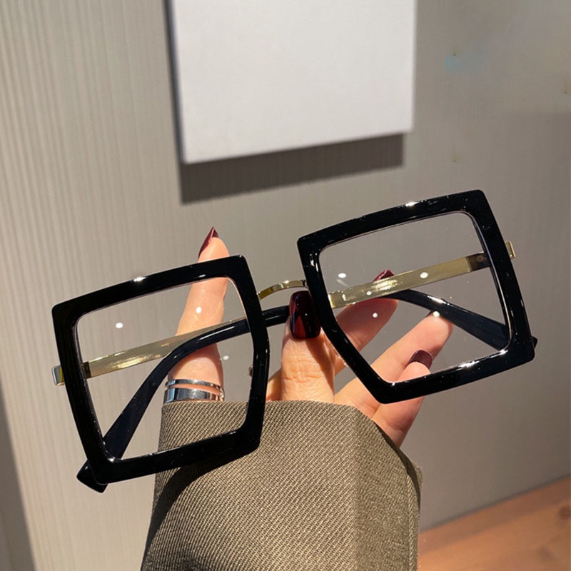 Female Male Retro Big Thick Frame Square Flat Mirror Black Glasses