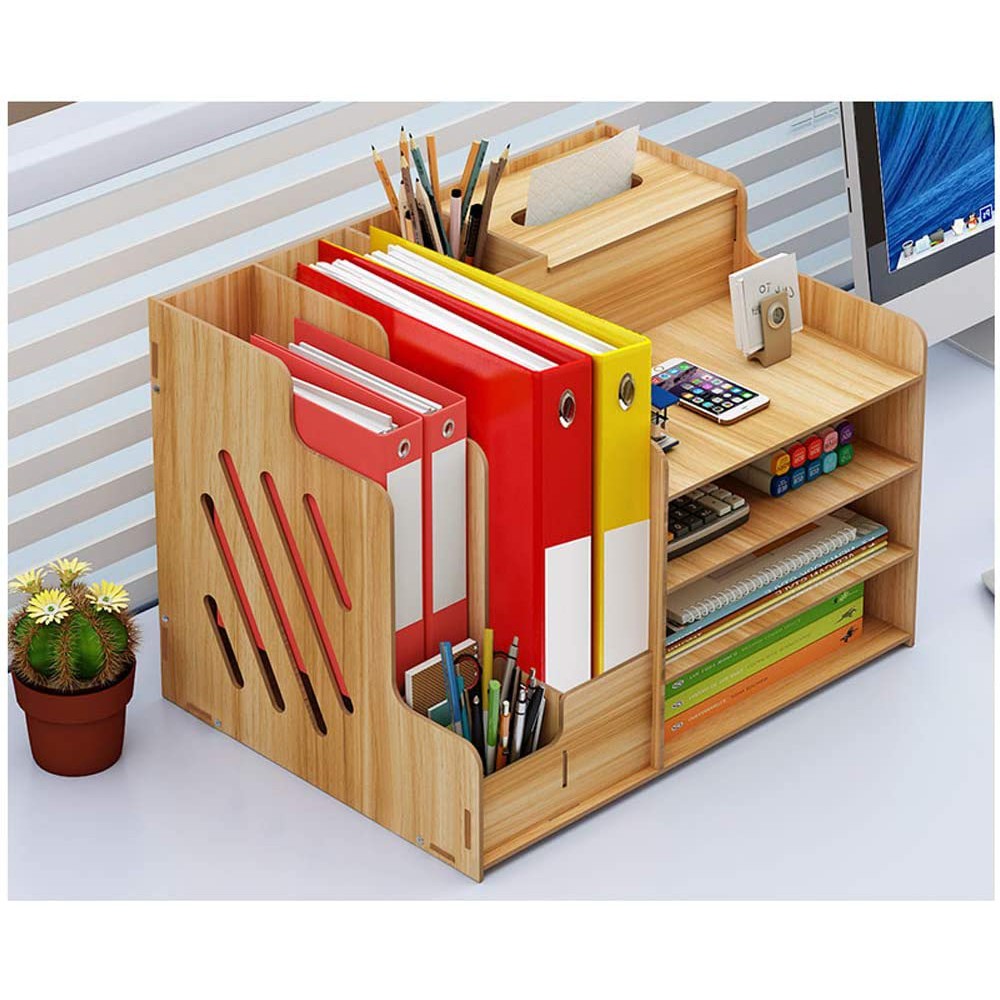 Wooden Desktop Organizer, Large Capacity DIY Office Supplies Storage