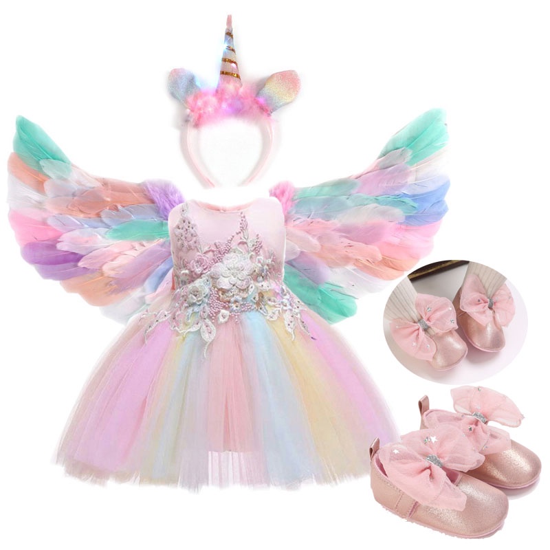 Unicorn Dress for 1 Year Old Baby Girl with Rainbow Wings Feather