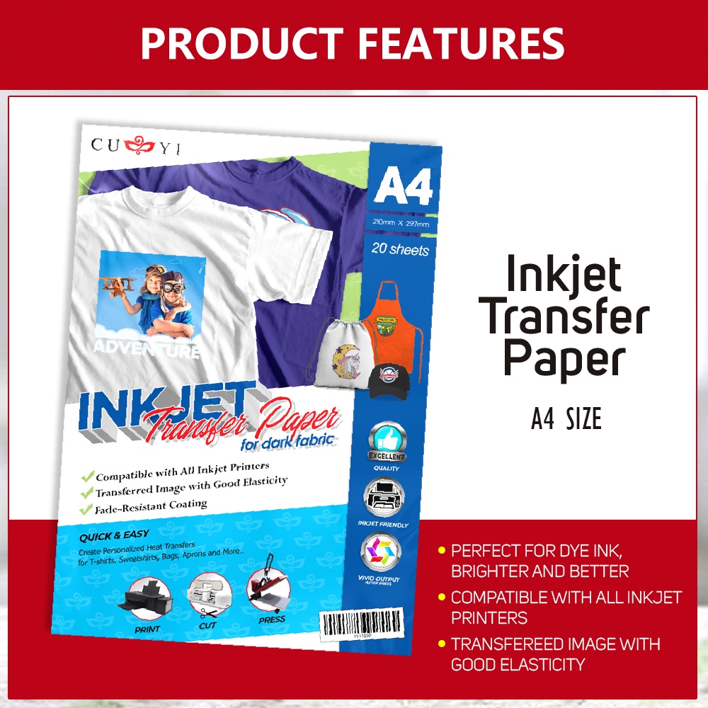 (20sheets) CUYI Dark Transfer Paper A4 Size for dye ink/pigment ink