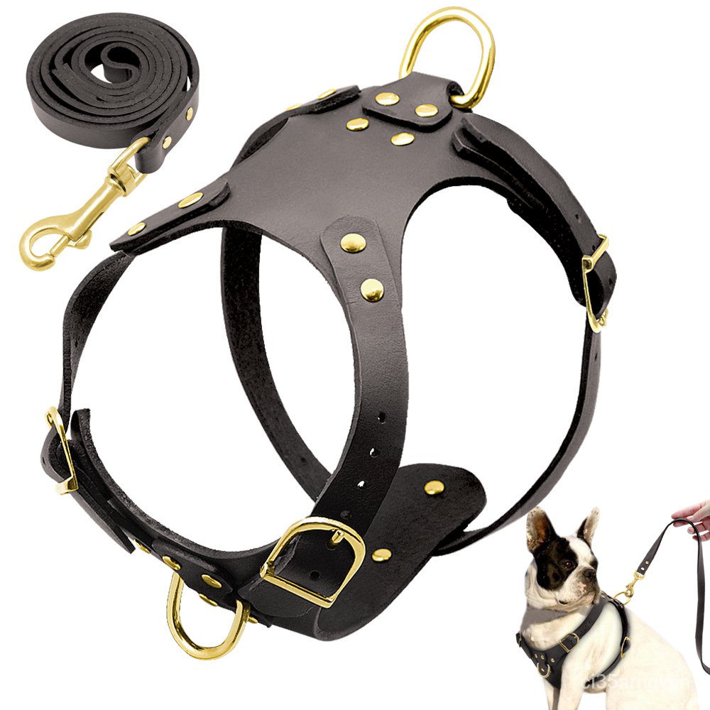 Pit Bull Dog Harness Leash Set No Pull Genuine Leather Dogs Harnesses Step in Pet Harness Vest