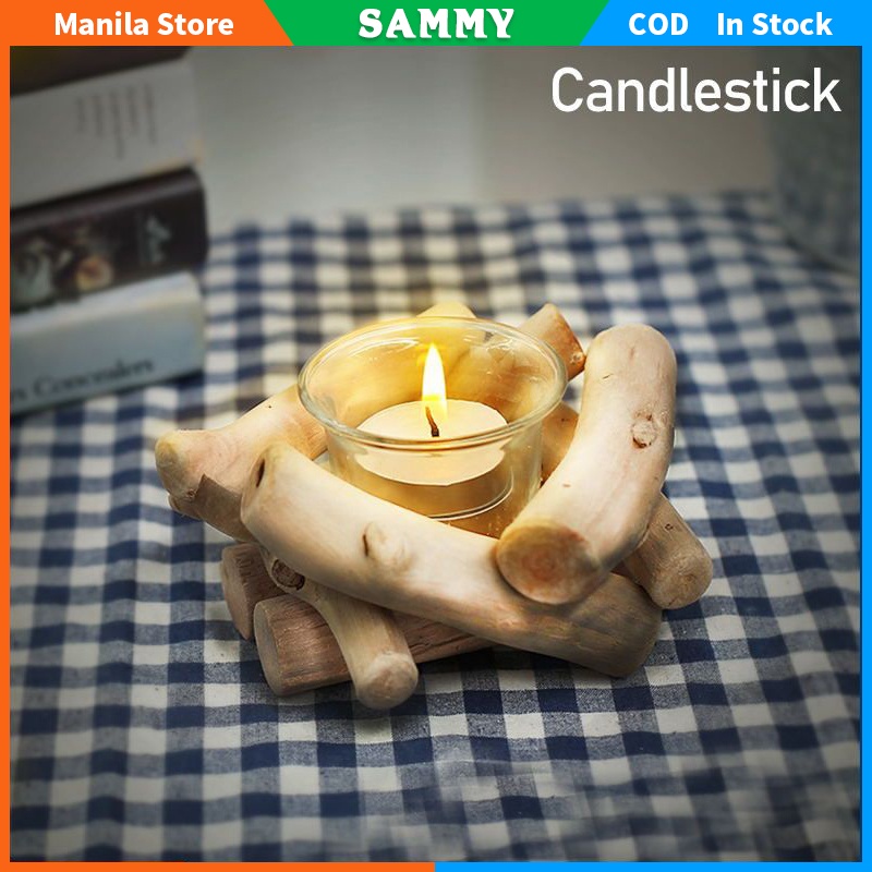 Wooden Candle Holder Glass Romantic Candlestick Rustic Wooden Natural