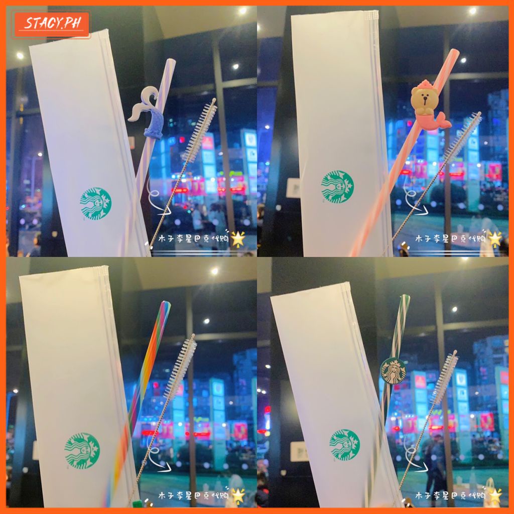 3pcs/set Cartoon Straw Set Starbucks Mermaid Straw With Cleaning Brush