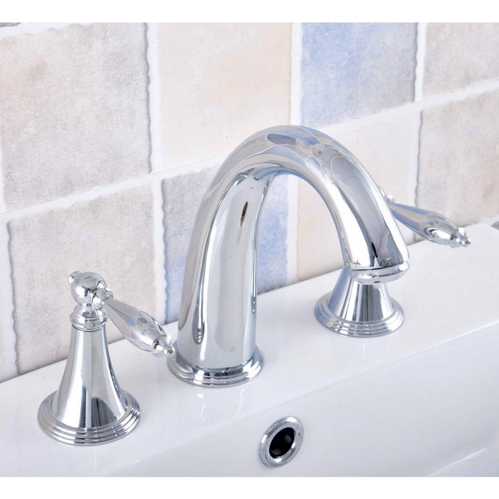 Chrome Brass 3 Hole Deck Mount Bathroom Faucet Double Sink Hot And Cold Mixer Tap For Bathtub