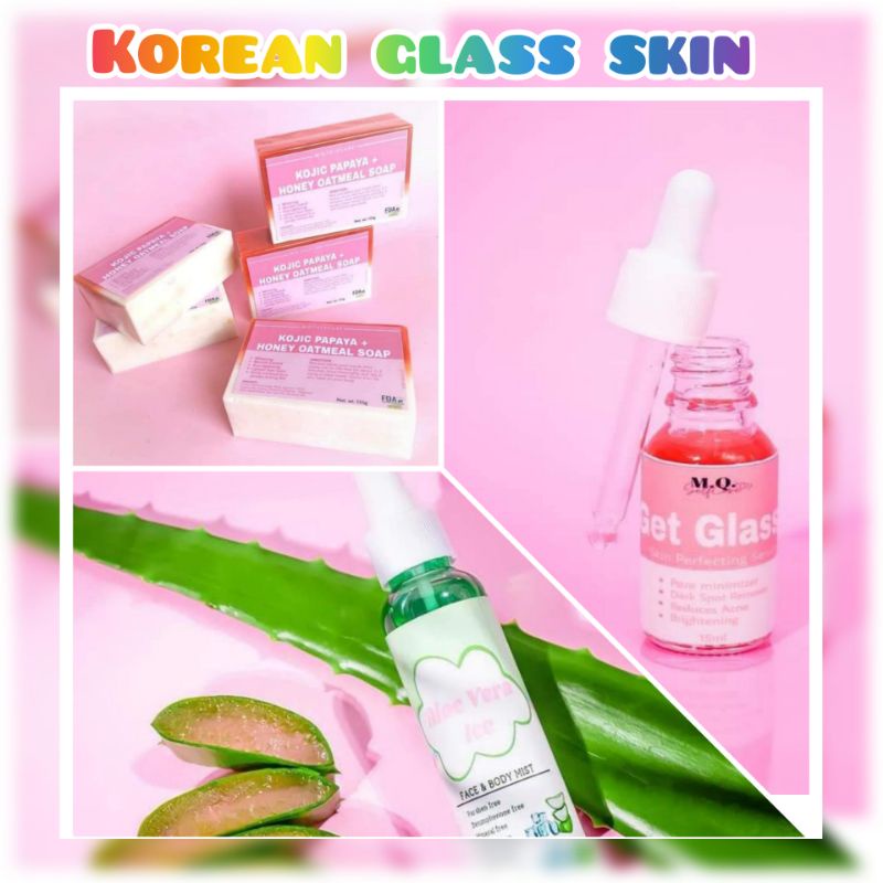 MQ GLASS SKIN SET (Kojic/Bleaching Soap,Glassy Serum,Aloe Vera Face and