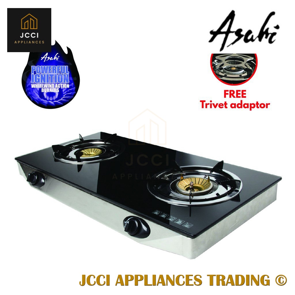 Asahi GS 887 Gas Stove Tempered Glass Double Burner Blue Whirljet