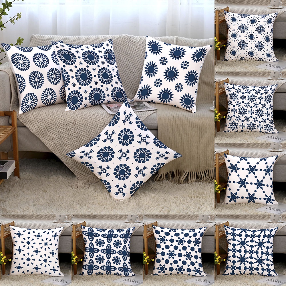 Blue Geometric Sofa Pillow Cover Peach Velvet National Style Printed