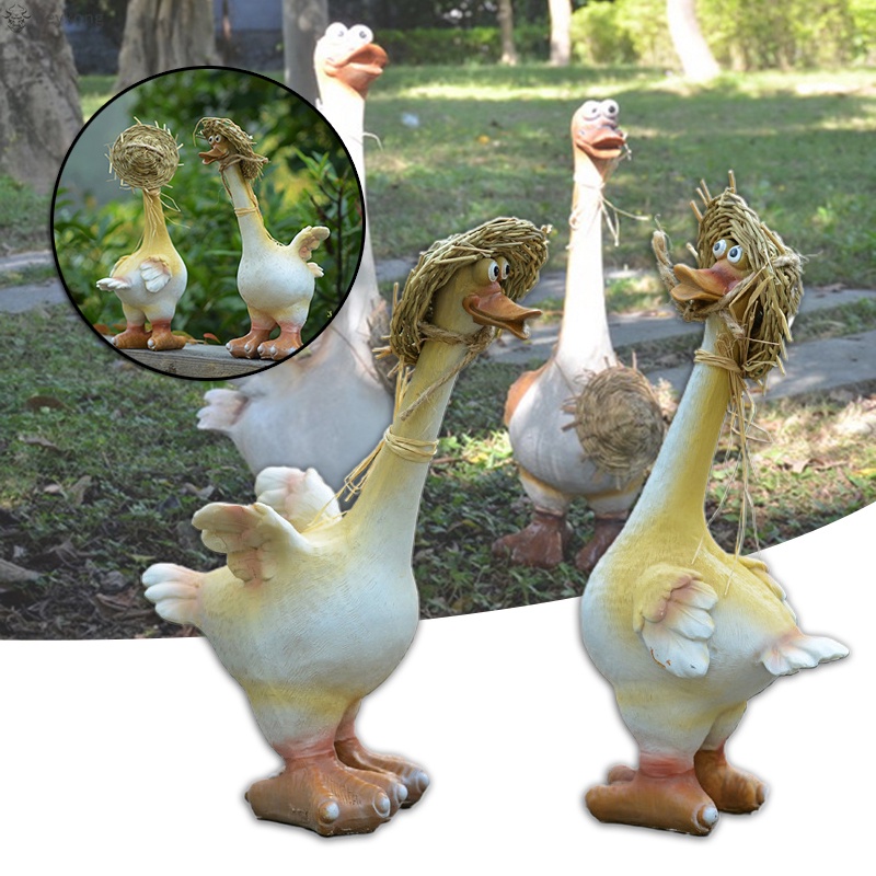 2pc Garden Sculpture Resin Duck Straw Hat Garden Couple Duck Pond