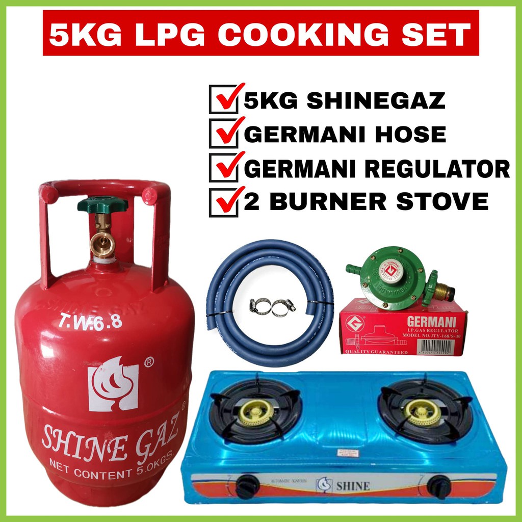 LPG TANK COMPLETE KITCHEN SET SHINEGAZ 5KG WITH DOUBLE BURNER STOVE