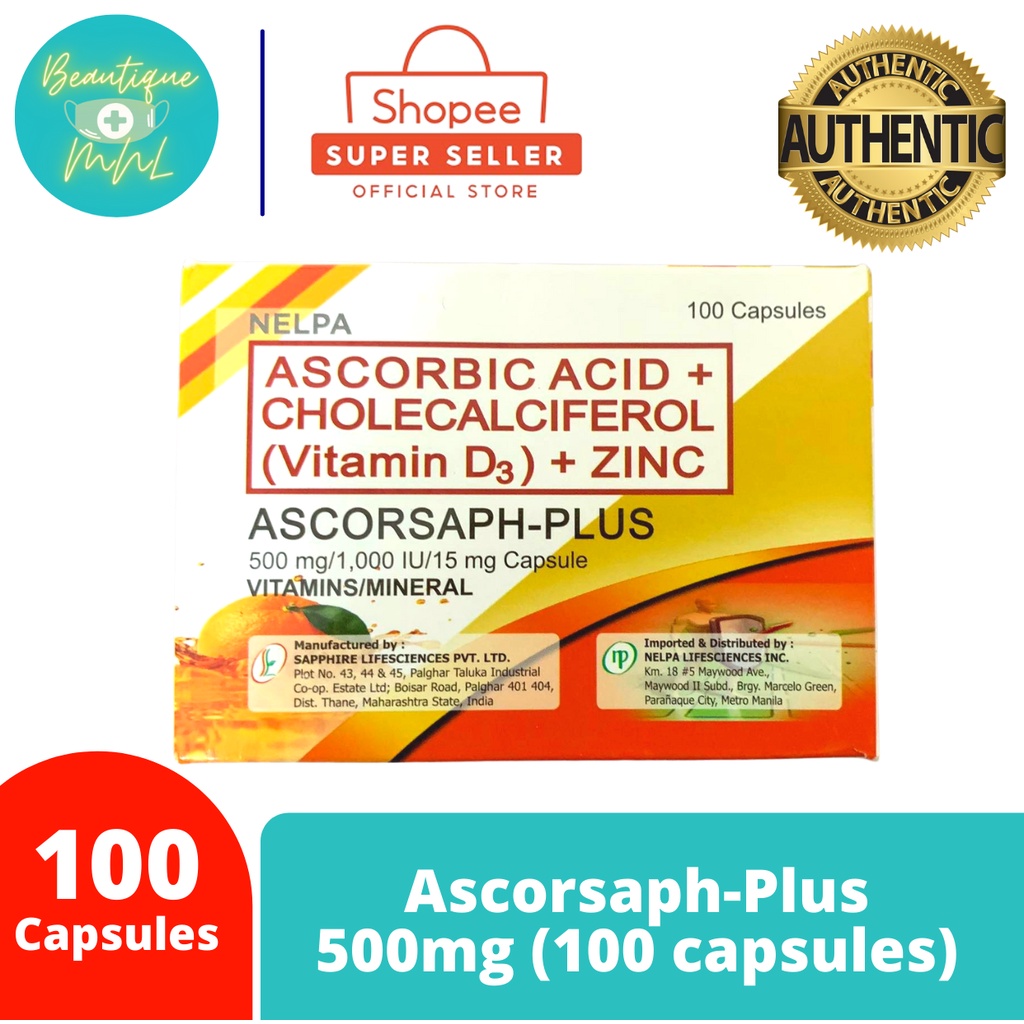 Ascorbic Acid + Vitamin D3 + Zinc 500mg ASCORSAPHPLUS (100 CAPSULES