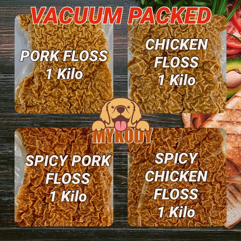 MEAT FLOSS, PORK FLOSS, CHICKEN FLOSS SPICY CHICKEN FLOSS, SPICY PORK FLOSS. MAHU, VACUUM PACKED