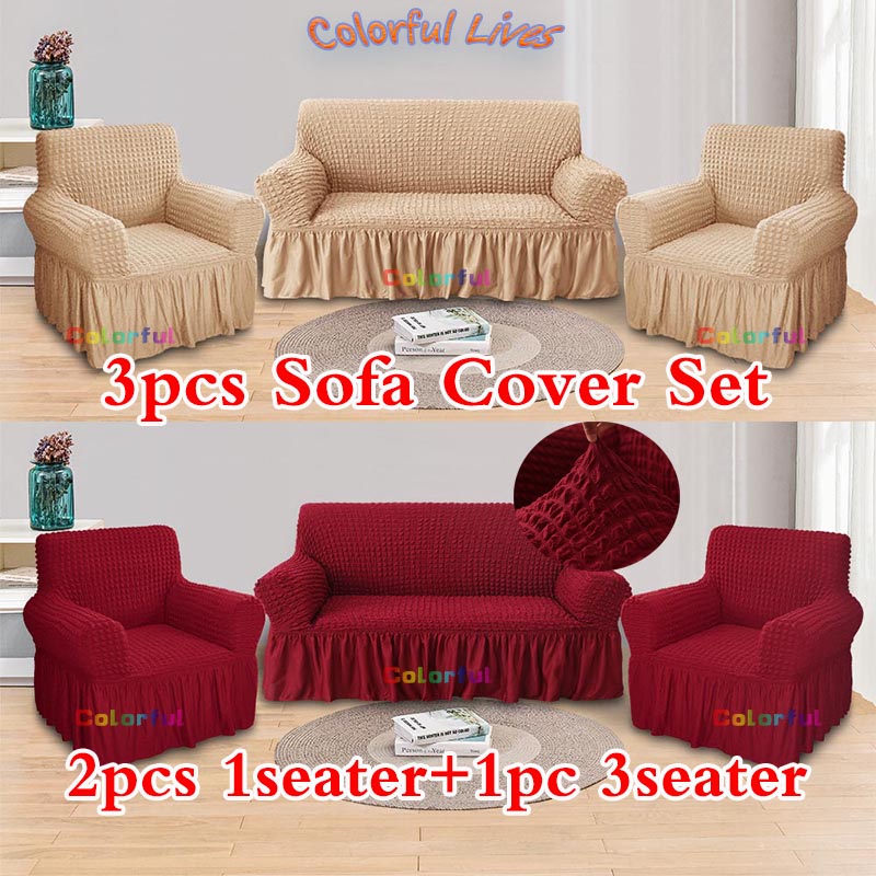 (3pcs) Seersucker Sofa Cover Set of 3pcs Thicken Sofa Cover With Skirt 2pcs Single and 1pc