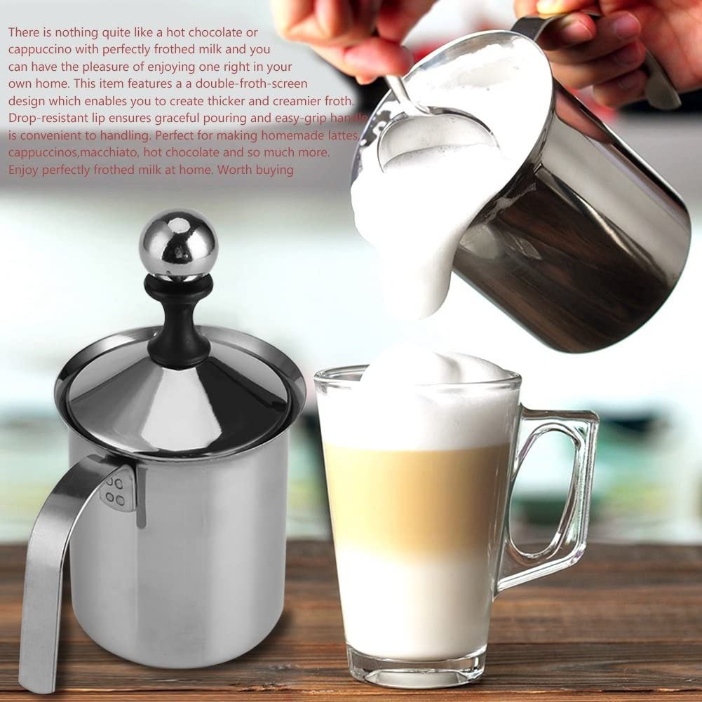 400ML Stainless Steel Manual Milk Frother Double Mesh Coffee Cappuccino