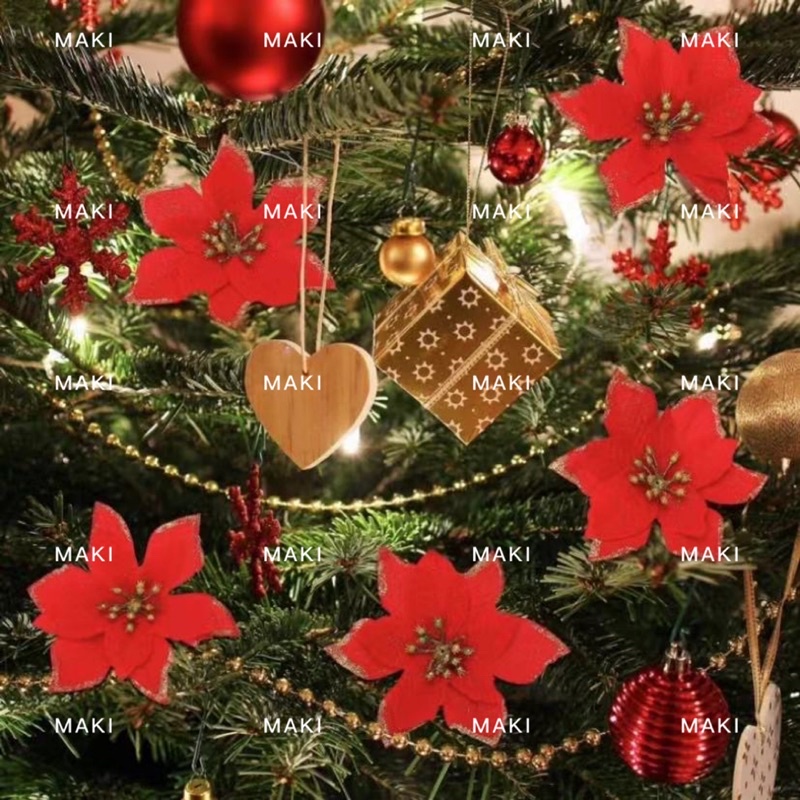 12pcs/set Red christmas flower/decor,gold powder/glitters,green stick,christmas tree/garland