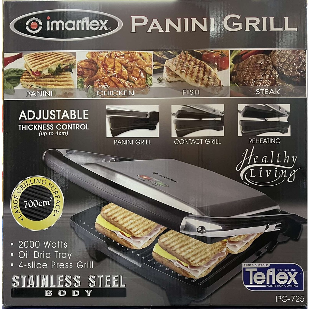 Imarflex IPG725 Panini Grill Sandwich Toaster Maker 4 Slice IPG725