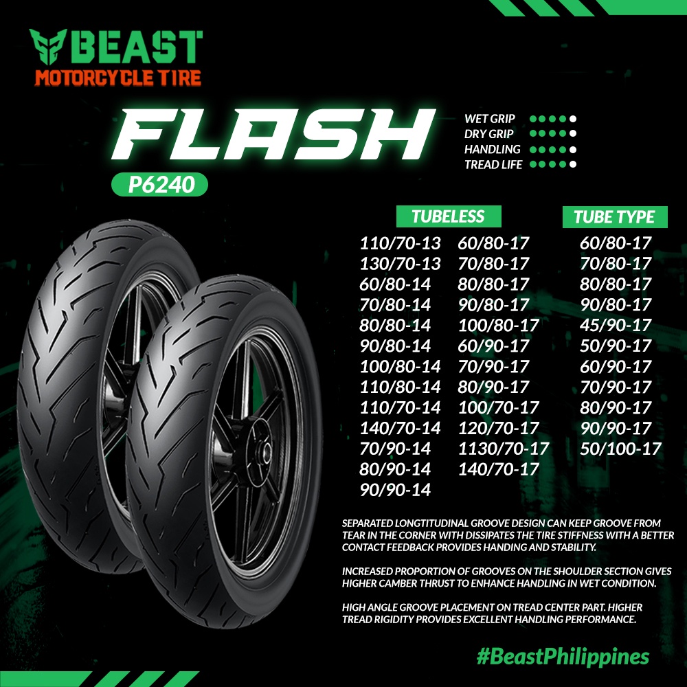 Beast Tire Flash P6240 Tubeless Tire R13, R14 &17 Motorcycle Tires