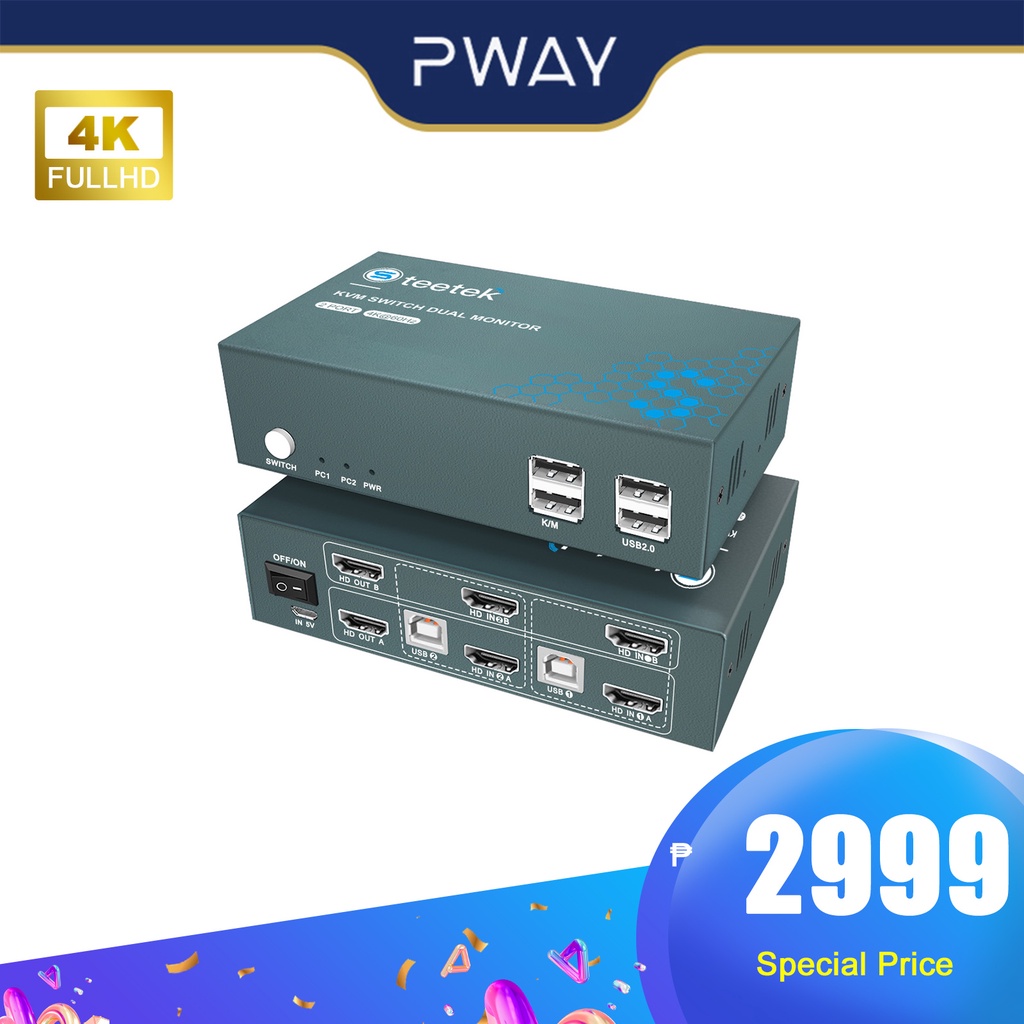 PWAY KVM Switch HDMI 4 In 2 Out Resolution Up To 4K60Hz Hotkey Switch