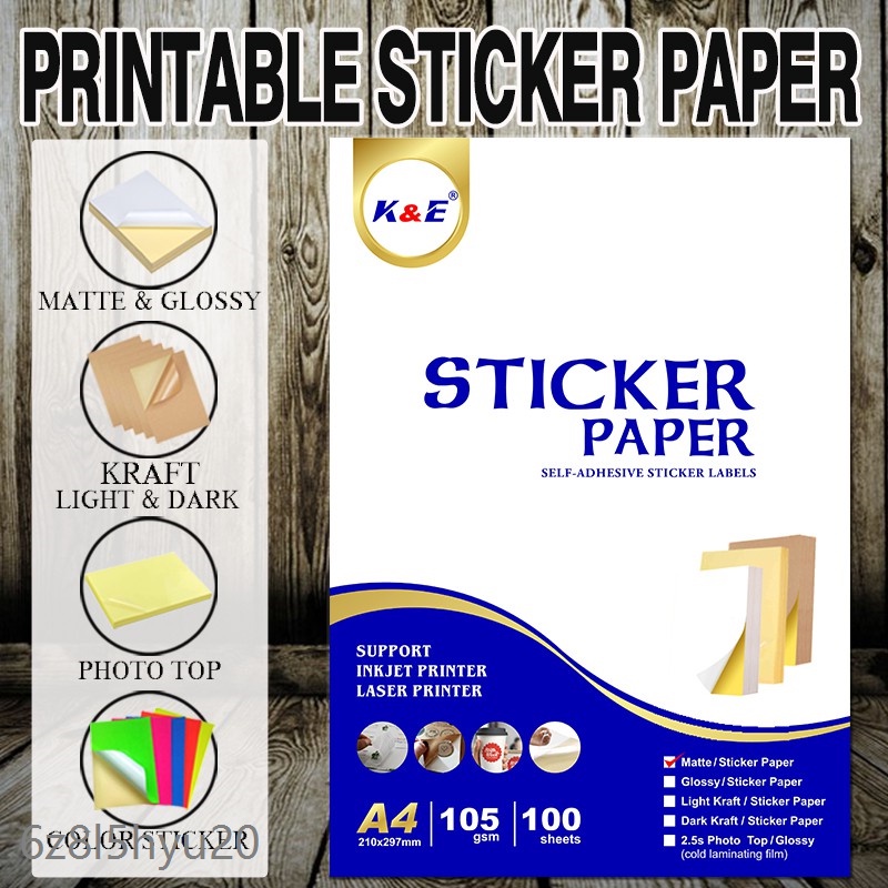K&E A4 Printable Sticker Paper Matte/Glossy Colored Sticker Paper Kraft