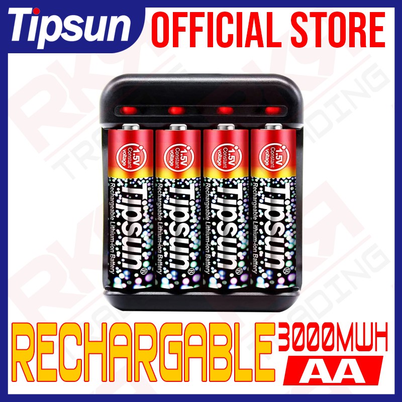 4 Pcs Tipsun Aa 3000 Mah 1.5V Rechargable Lithium Ion Batteries With