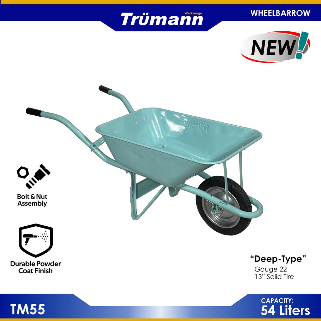 TRUMANN Wheelbarrow DeepType 13" Solid Tire with Double Ball Bearings 54 Liters Capacity