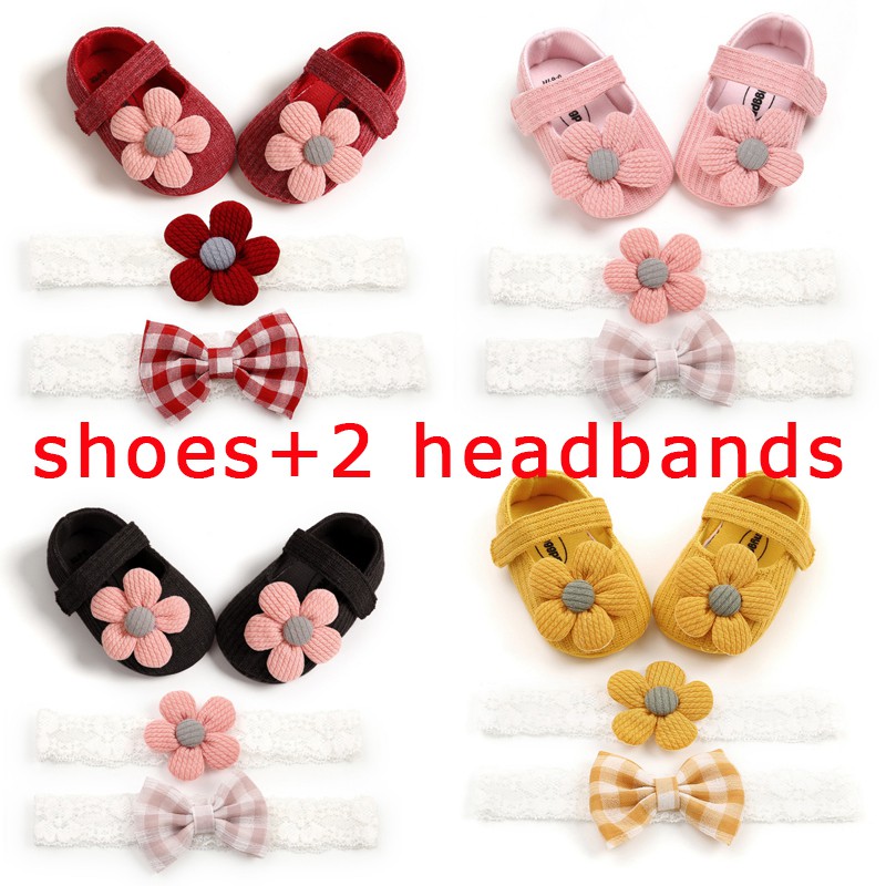 Baby Girl Shoes+2 Headband Set Baby First Walkers Set Kids Infant