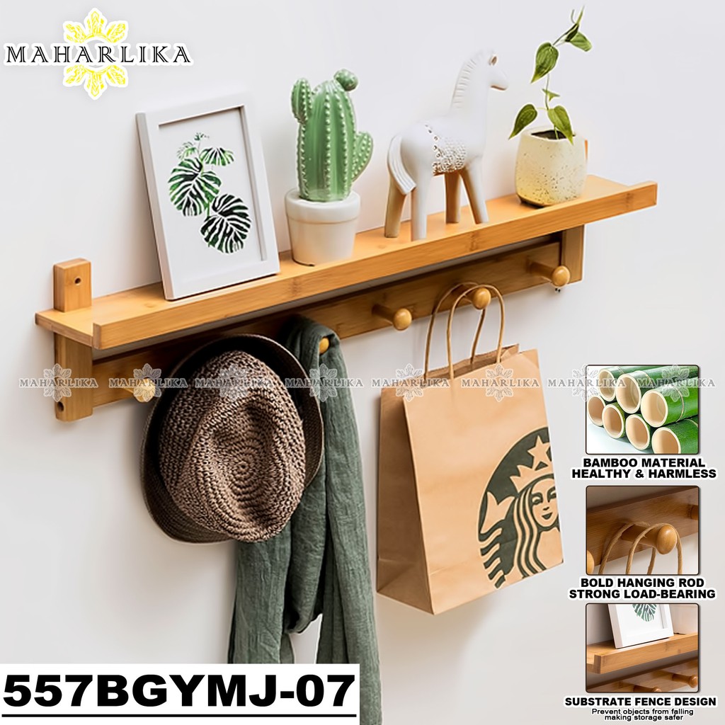 Maharlika ZYA5576 Bamboo Floating Wall Shelves with 6 Hooks Entryway