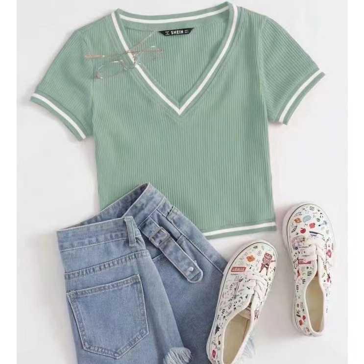 CY V Neck Ringer Tops Garter Crop Top Shopee Philippines