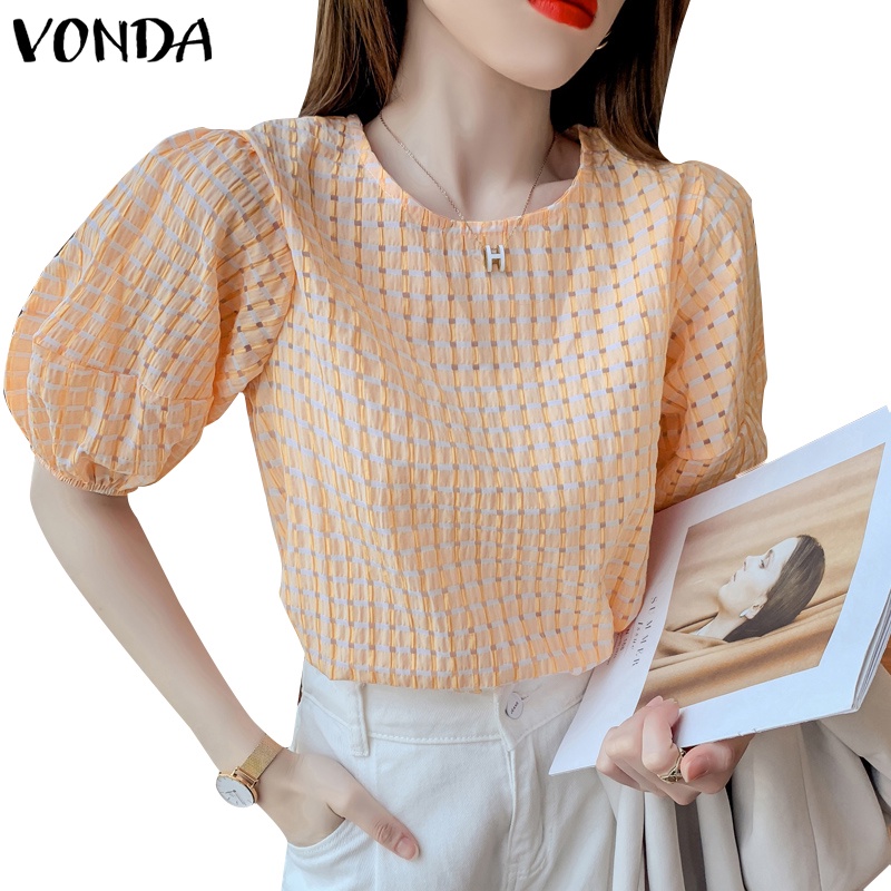 Vonda Women Korean Puff Sleeve Half Crew Neck Casual Baggy Plaid Blouse