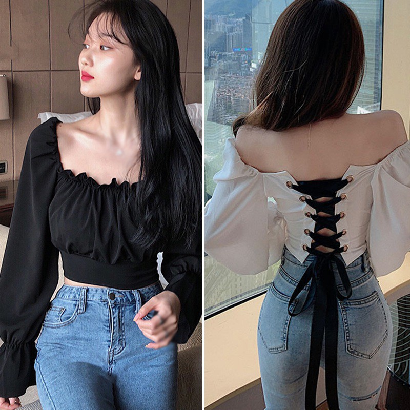 Korean Women's Puff Sleeve crop Top Sexy Square Neck Short Chiffon Long