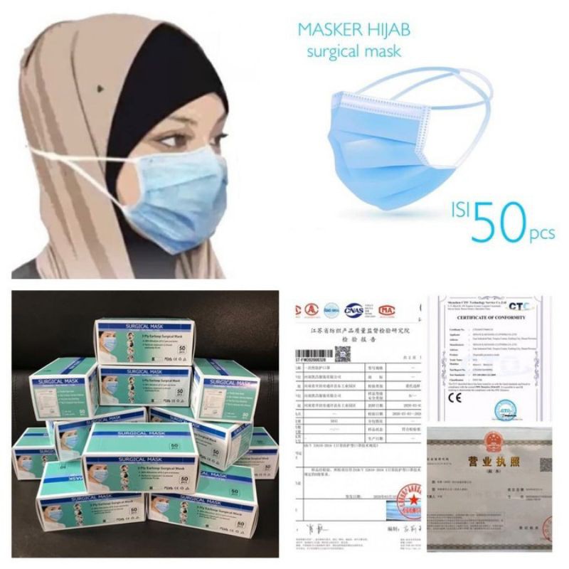Disposable Hijab And Cantol 3 Ply Medical Masks (Box 50 Pcs) Shopee