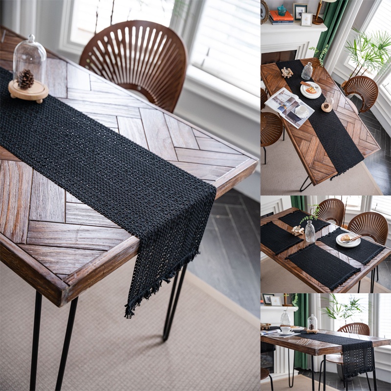 Black Splicing Weave Tassel Table Runner Cotton Linen TV Cover