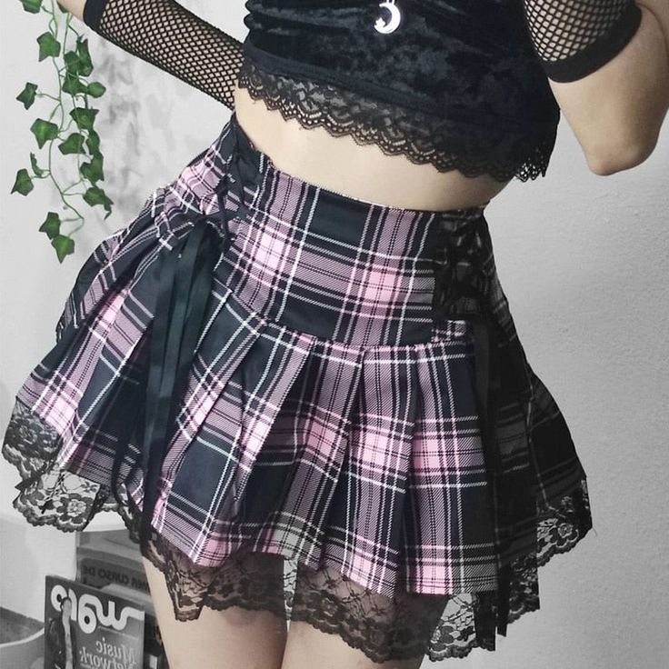 Egirl Pink Black Plaid Skirt Lace Up Egirl Korean Alt Mini Pleated