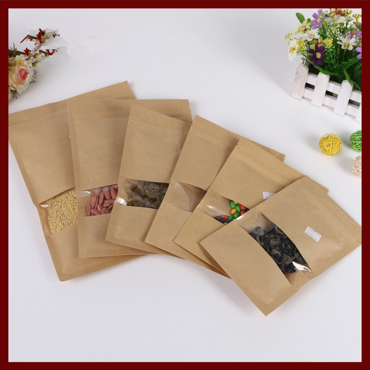 12*20 50pcs brown self zip lock kraft paper bags with window for gifts