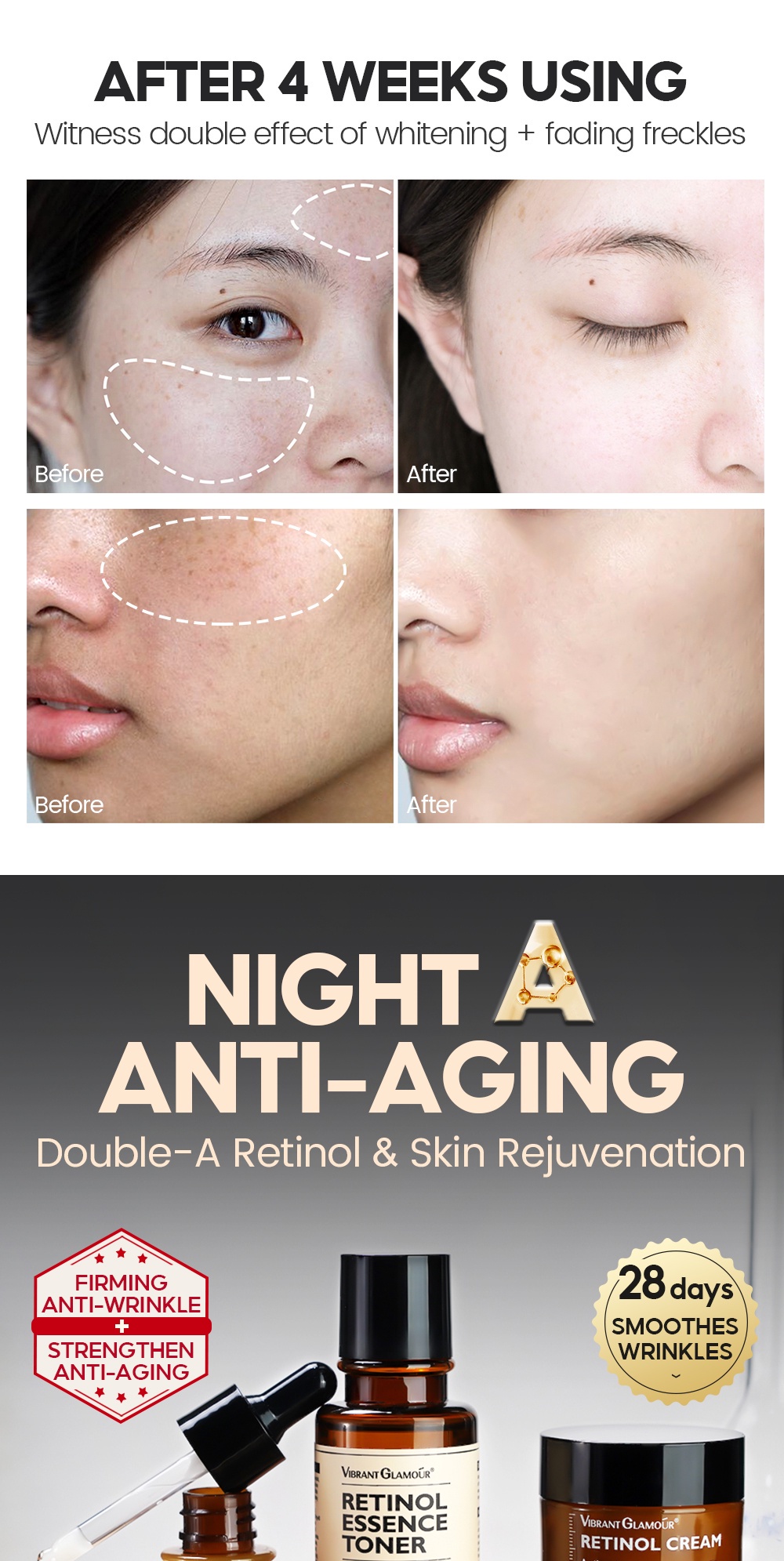 VIBRANT GLAMOUR Retinol Vitamin C Face Cream Serum Essence Toner Set VC