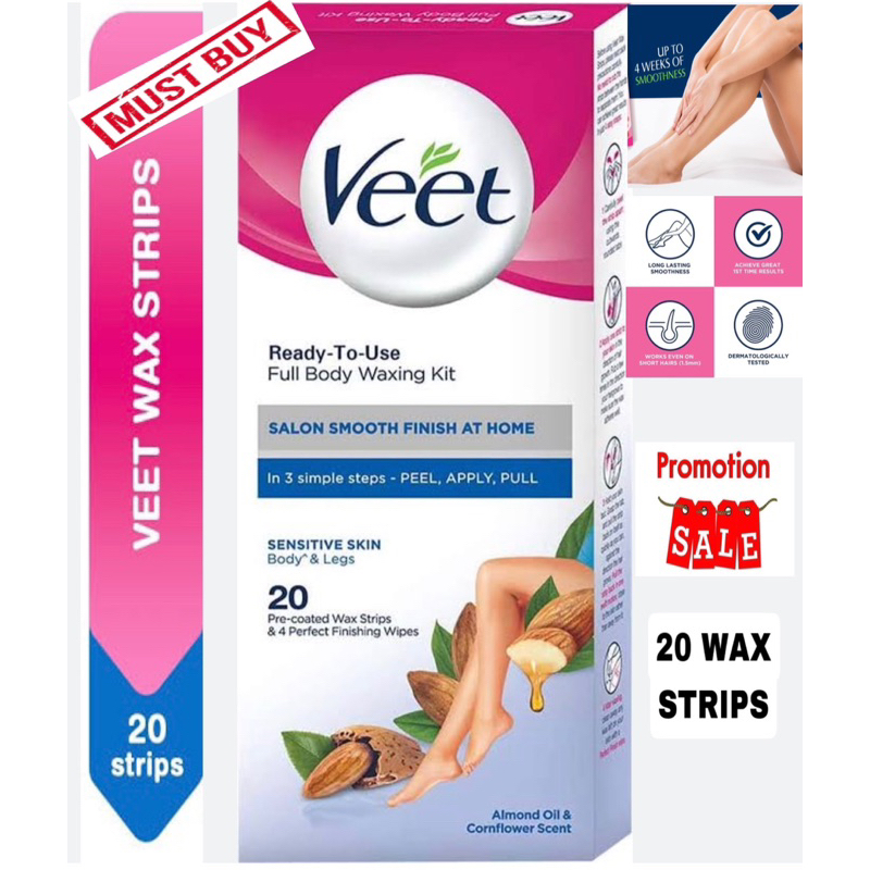 Veet Ready To Use Full Body Wax Strips for Sensitive Skin, 20 Strips