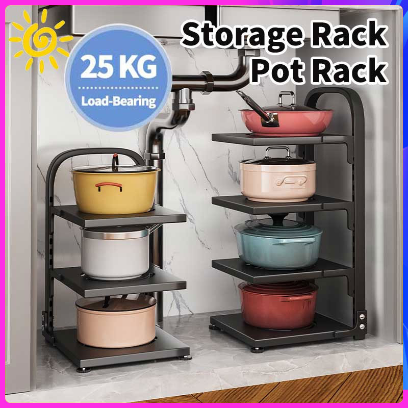Kitchen Pan Organizer Pot Rack Adjustable Under Sink Countertop