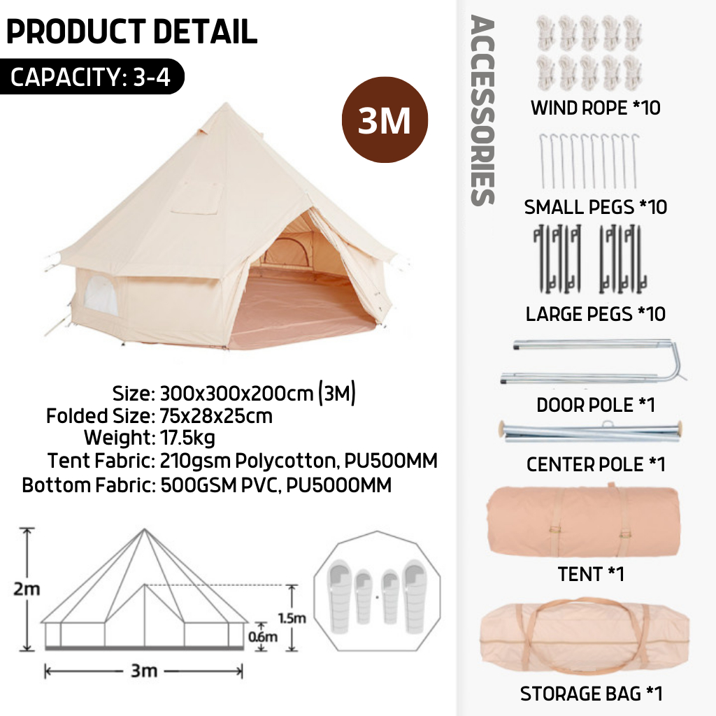 Polycotton Bell Tent 3M 4M 5M 6M Sizes Glamping Camping